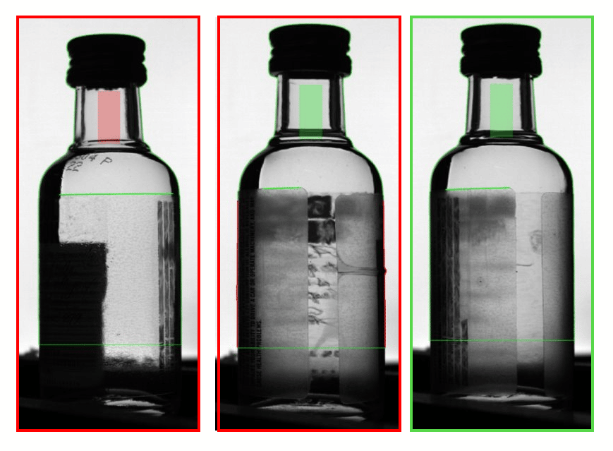 The image shows three images of bottles where two are faulty and one is approved.